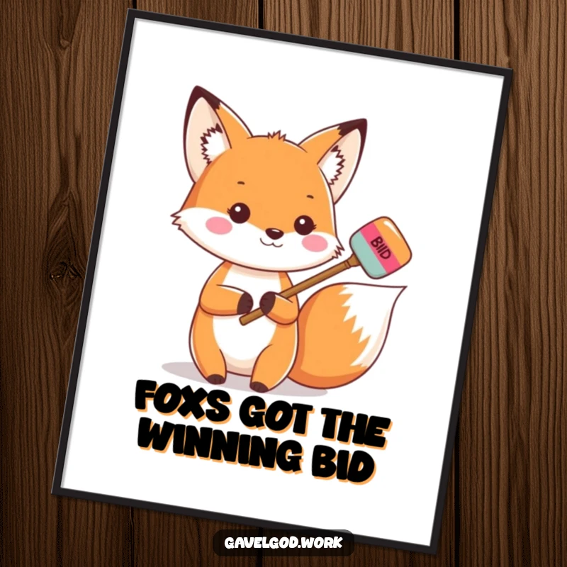 Funny Free Printable Wall Art: Kawaii fox holding a tiny, colorful bidding paddle, looking sly and playful.