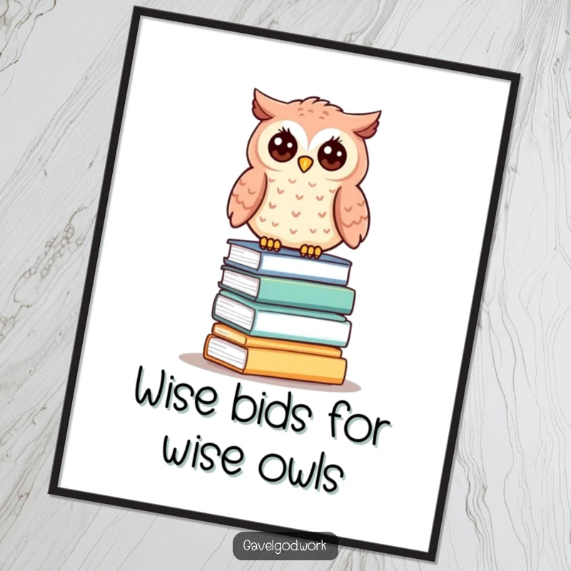 Funny Free Printable Wall Art: Kawaii owl perched wisely on tiny auction lots, bringing intellectual humor!