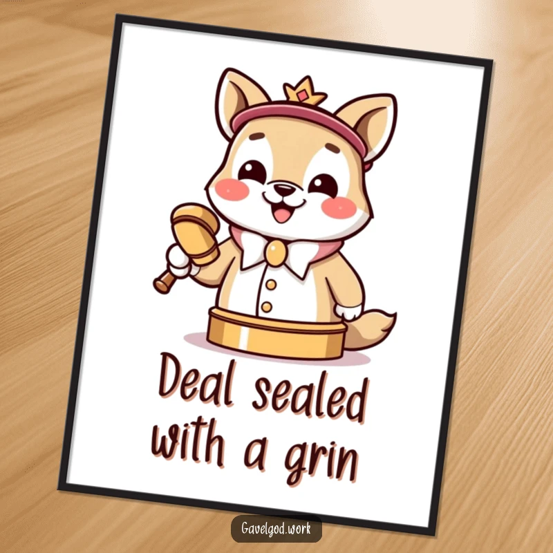 Funny Free Printable Wall Art: A Kawaii animal auctioneer with a cheerful grin, dramatically slamming a tiny gavel.