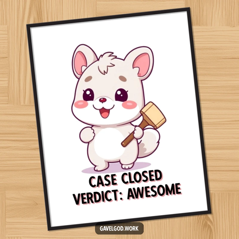 Funny free printable wall art: A cute animal character holding a tiny gavel with a cheerful expression, ready to preside.