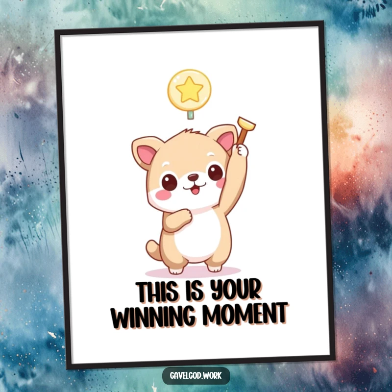 Funny Free Printable Wall Art: A kawaii animal joyfully holding a tiny, glowing bidding paddle.