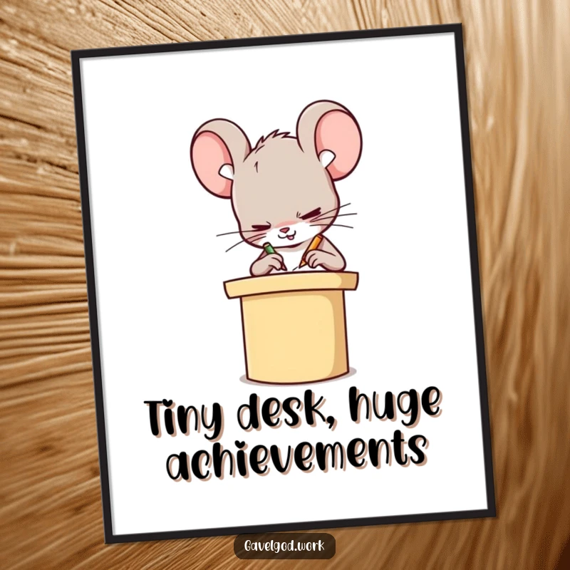 Funny Free Printable Wall Art: A Kawaii mouse is depicted furiously scribbling on a tiny podium, a humorous piece.
