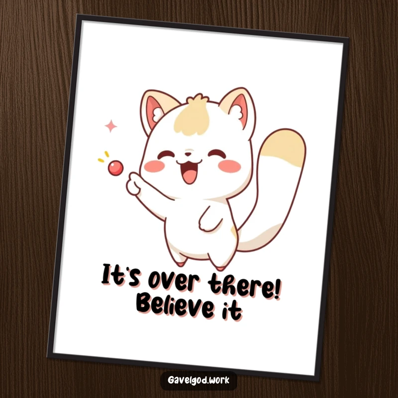 Funny Free Printable Wall Art: A kawaii animal with wide eyes, pointing excitedly at an unseen marvel.