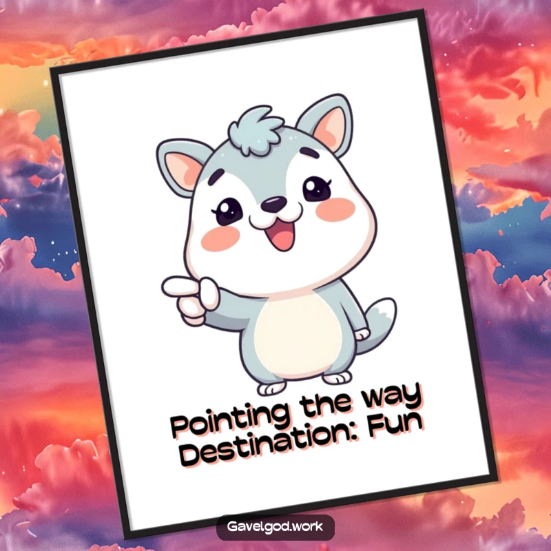 Funny free printable wall art: An animal character beaming with a broad smile, pointing enthusiastically toward something exciting.