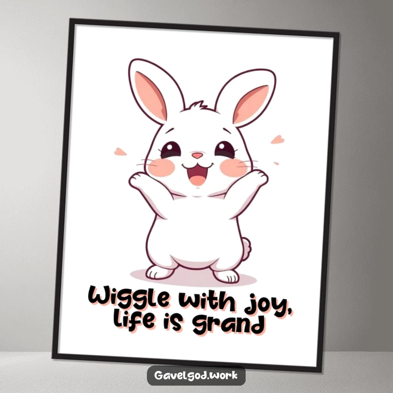 Funny Free Printable Wall Art: Kawaii rabbit wiggling with infectious excitement, radiating pure joy and anticipation!