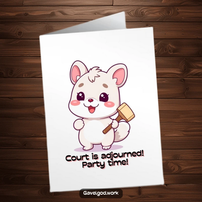 Funny free printable birthday card: A cute animal character cheerfully holding a tiny gavel, ready to decree birthday fun.