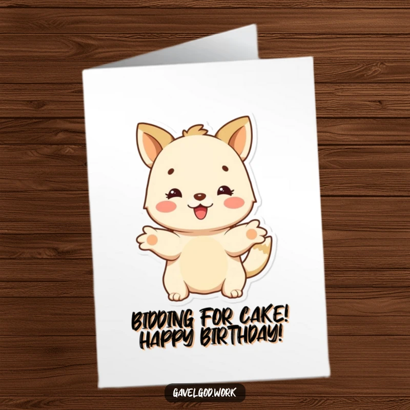 Funny free printable birthday card: A happy animal character with arms wide open, offering a heartfelt birthday bid.