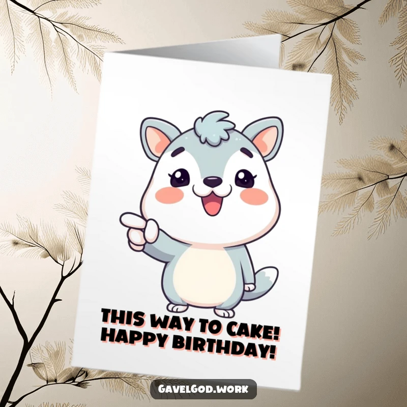 Funny free printable birthday card: An animal character with a huge smile enthusiastically pointing forward, full of good wishes.