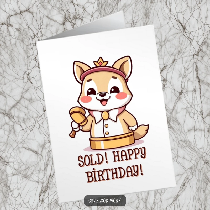 Funny Free Printable Birthday Card: A cheerful Kawaii animal auctioneer slamming a tiny gavel with a big grin.