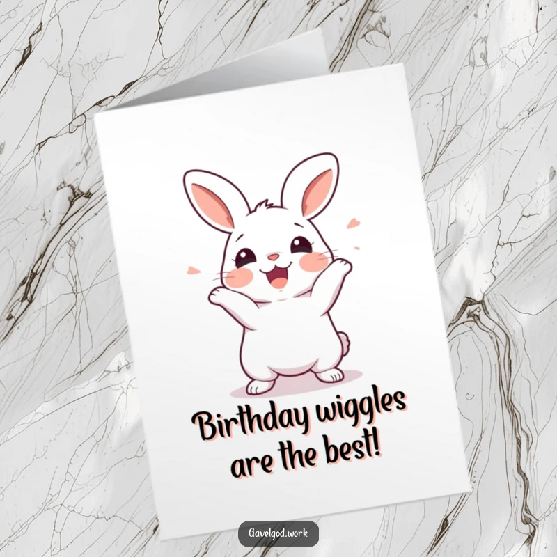 Funny Free Printable Birthday Card: Kawaii rabbit wiggling excitedly, anticipating an unknown birthday treat with sheer delight!