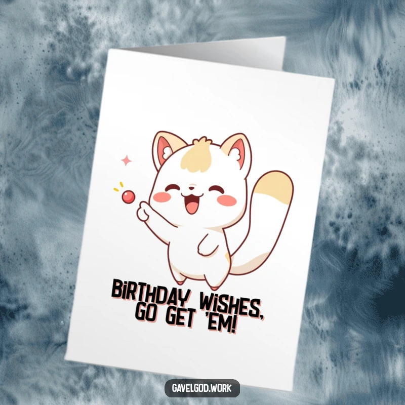 Funny Free Printable Birthday Card: A cute kawaii animal excitedly pointing towards an unseen, exciting object.
