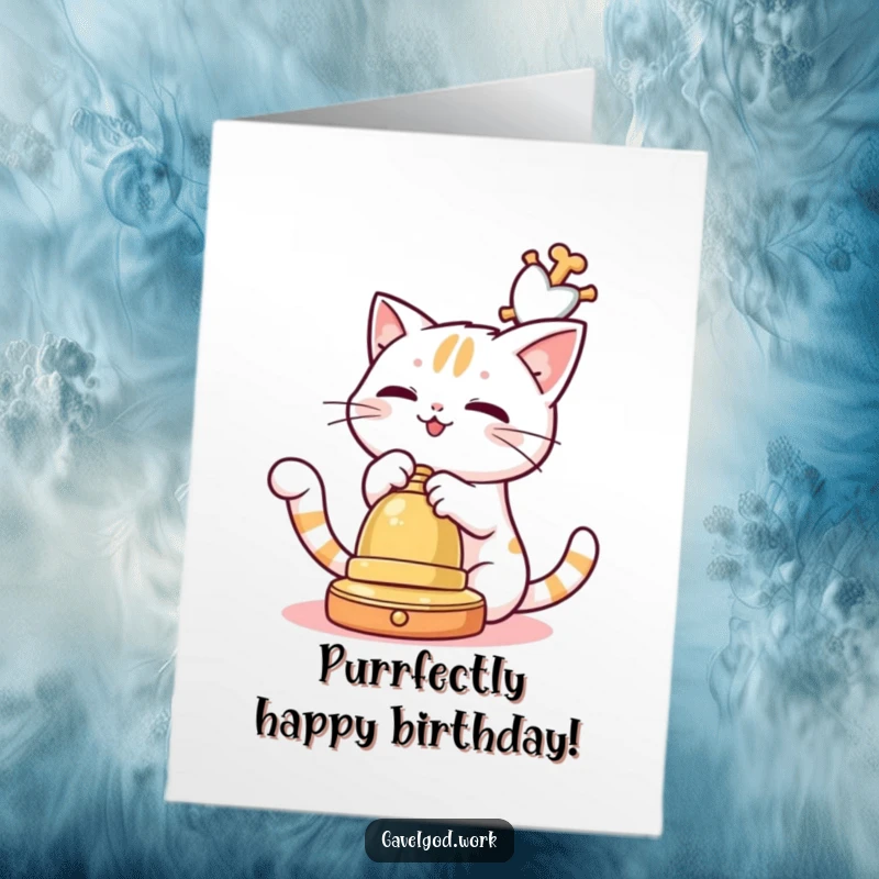 Funny Free Printable Birthday Card: A kawaii cat character playfully batting at a dangling auction bell, ready for festivities.