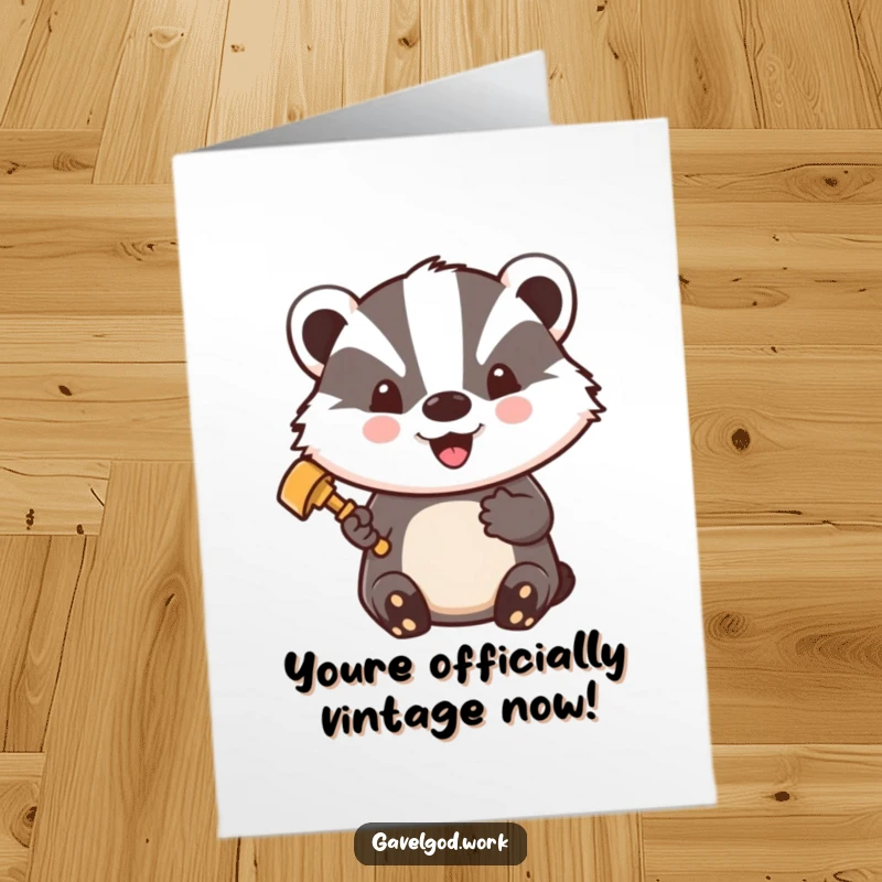 Funny Free Printable Birthday Card: Kawaii badger wearing a tiny gavel, beaming with pride and joy.