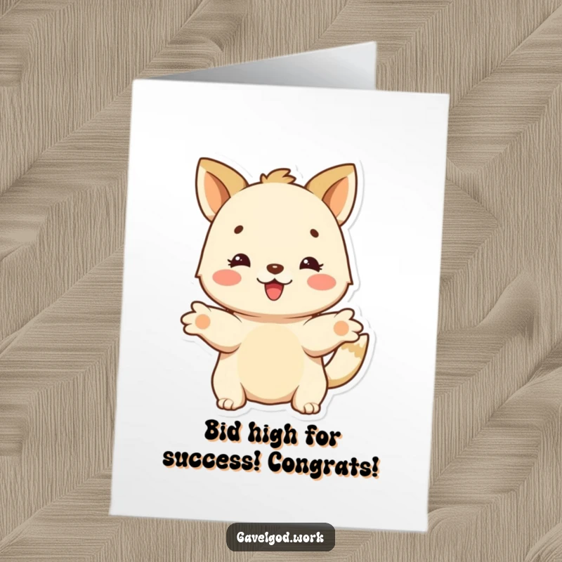 Funny free printable congratulations card: A happy animal character extends paws, making a generous bid to celebrate success.