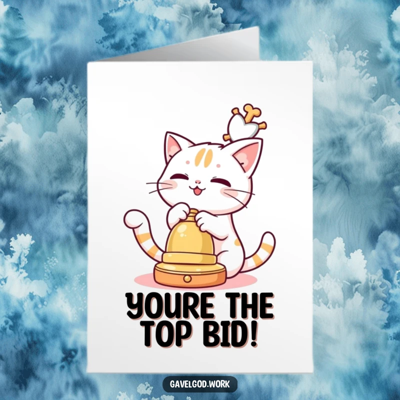 Funny Free Printable Congratulations Card: A kawaii cat character playfully batting at an auction bell, celebrating a successful bid.