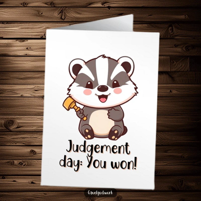 Funny Free Printable Congratulations Card: Kawaii badger with a tiny gavel, beaming with pride and looking accomplished.