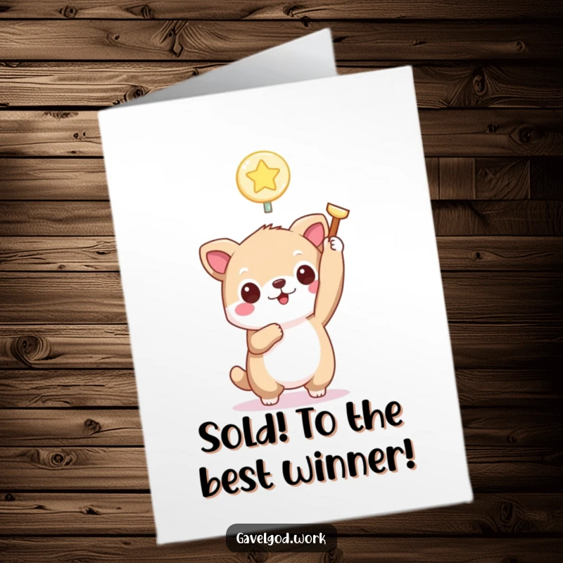 Free Printable Congratulations Card: A kawaii animal proudly displays a tiny, glowing bidding paddle.