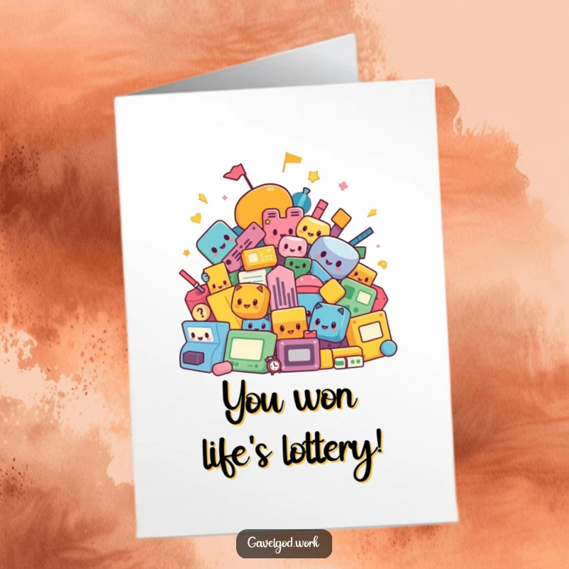 Free Printable Congratulations Card featuring a kawaii pile of colorful abstract shapes, celebrating a win.
