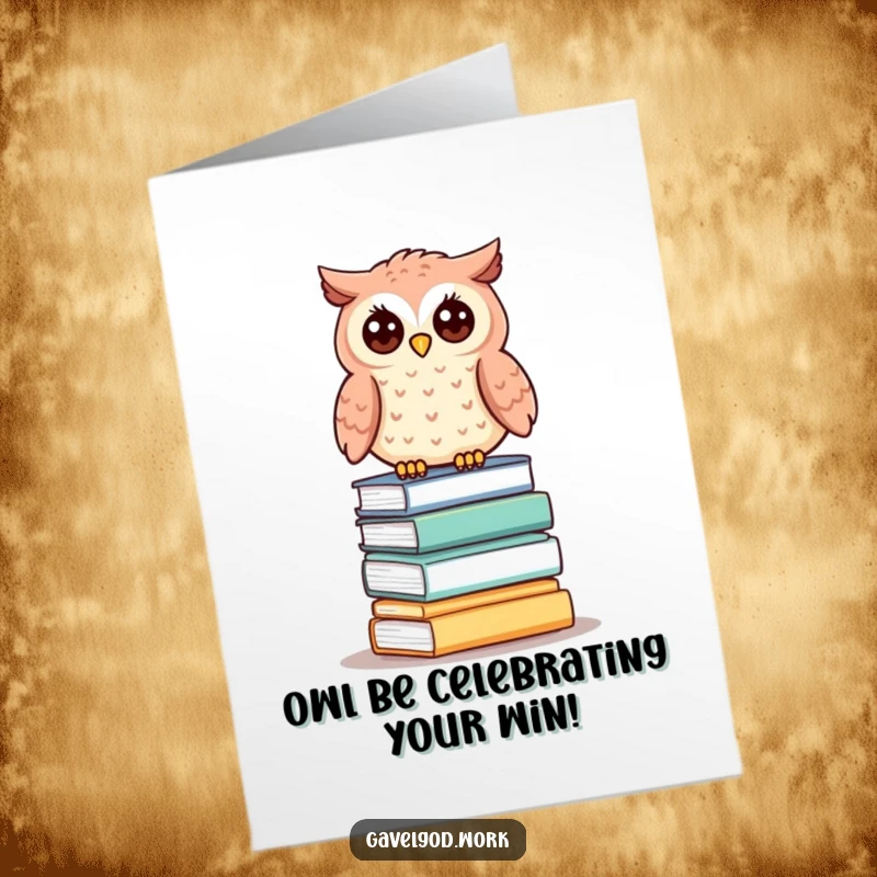 Funny Free Printable Congrats Card: Kawaii owl on auction lots, symbolizing a successful and valuable achievement!
