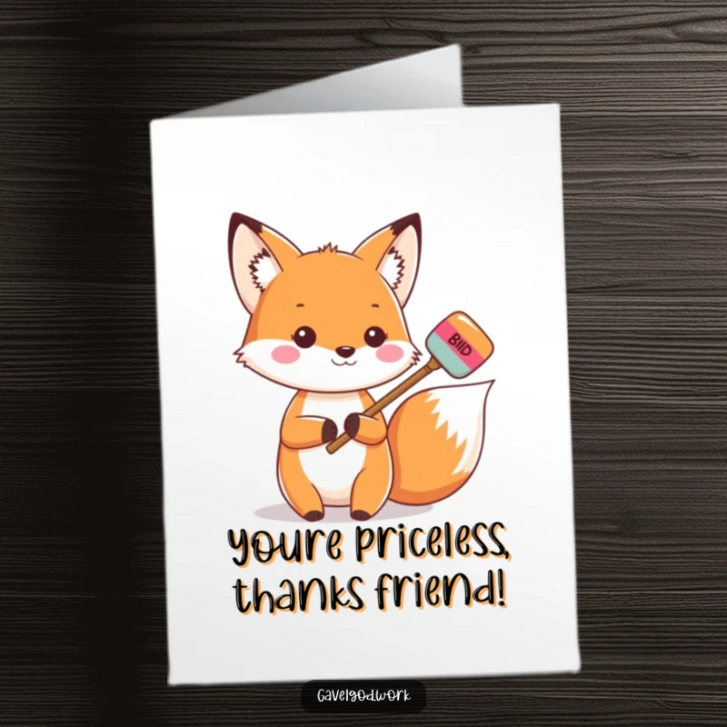 Funny Free Printable Thank You Card: Kawaii fox holding a tiny, colorful bidding paddle, ready to make an offer.
