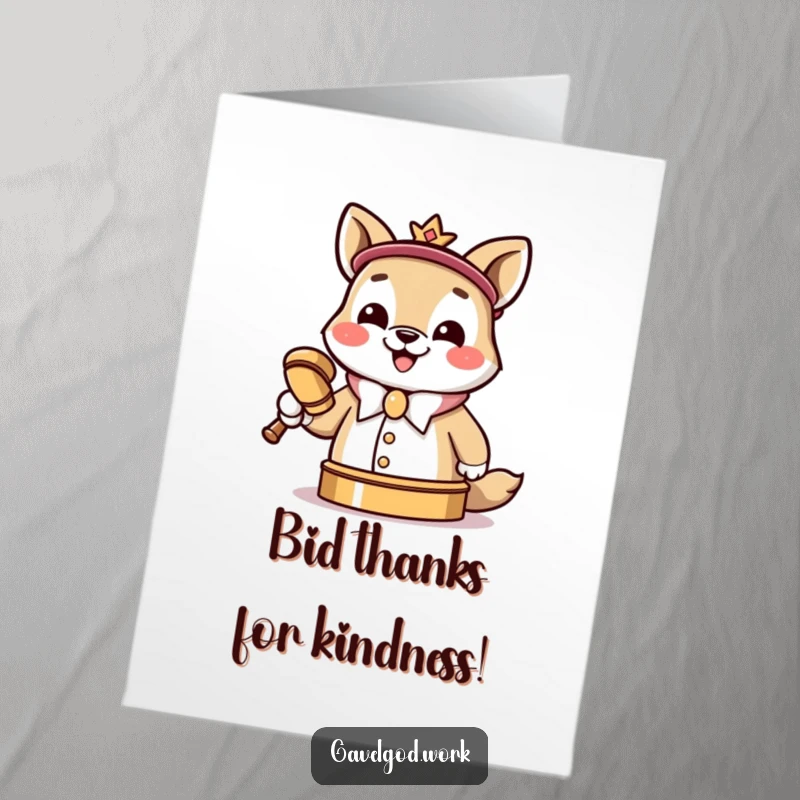 Funny Free Printable Thank You Card: A happy Kawaii animal auctioneer grinning while slamming a tiny gavel.