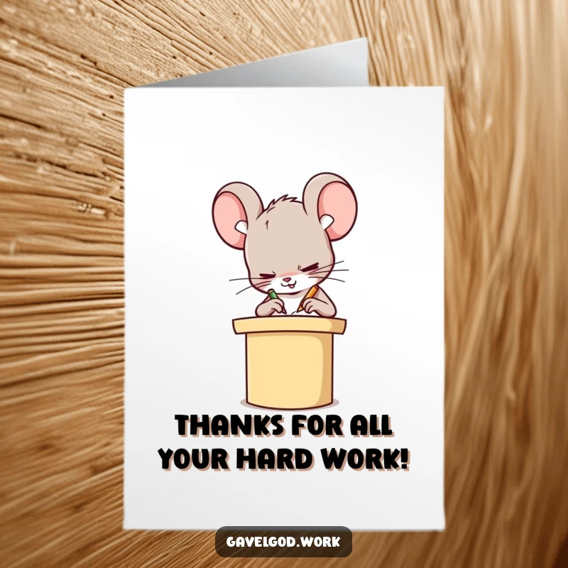 Funny Free Printable Thank You Card: A Kawaii mouse scribbles notes on a podium, showing thanks with humor.