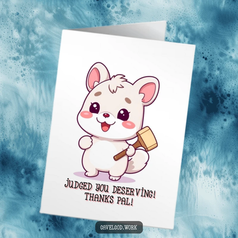 Funny free printable thank you card: A cute animal character holding a small gavel, expressing thanks with a smile.