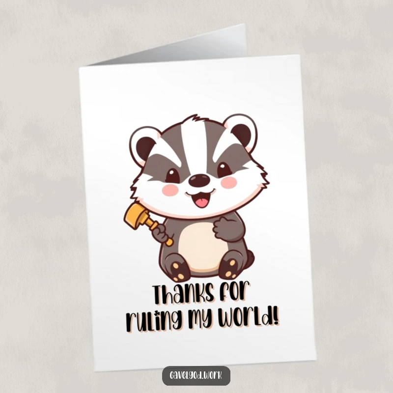 Funny Free Printable Thank You Card: Kawaii badger proudly wearing a tiny gavel, beaming with satisfaction.