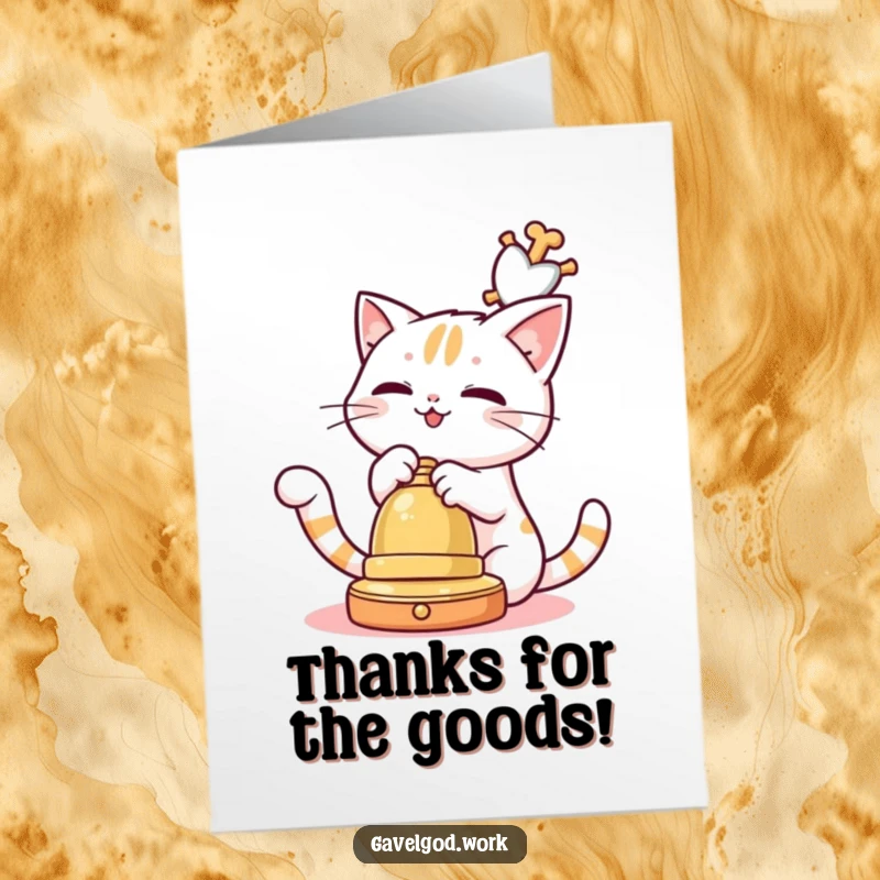 Funny Free Printable Thank You Card: A kawaii cat character playfully batting at a dangling auction bell, expressing thanks.