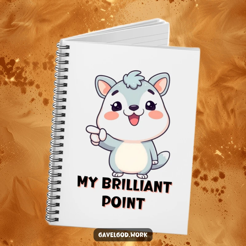 Funny animal character with a broad smile, pointing enthusiastically on the cover of a lined notebook, ideal for funny gift.