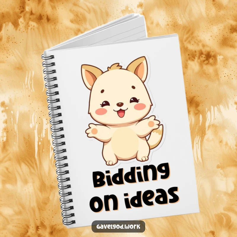 Funny happy animal character with outstretched paws, offering a bid on the cover of a lined notebook, ideal for funny gift.