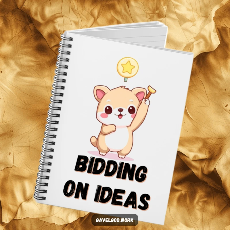 Funny kawaii animal notebook with a cute character holding a tiny, glowing bidding paddle aloft, perfect for noting auction strategies.