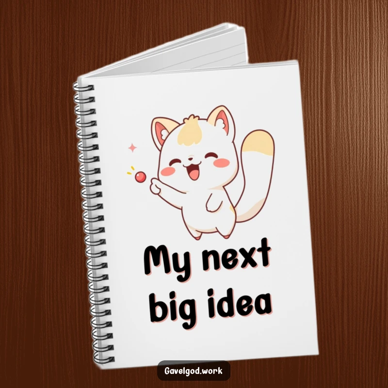 Funny kawaii animal notebook with a cute character pointing excitedly at an imaginary object, perfect for jotting down creative ideas.