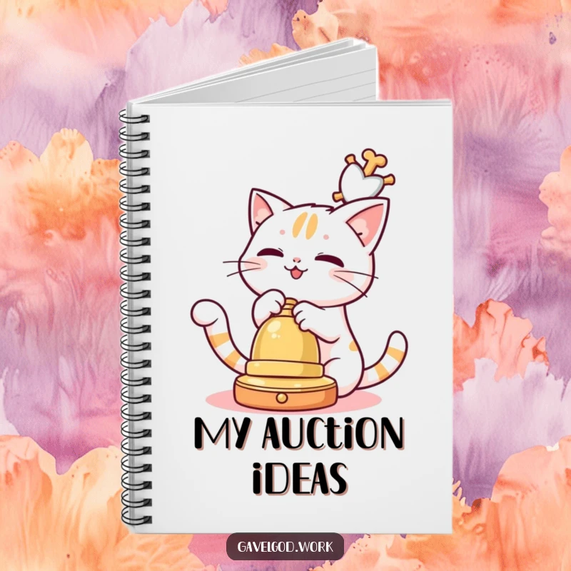 Funny Kawaii cat character playfully batting at a dangling auction bell, perfect for jotting down humorous notes.