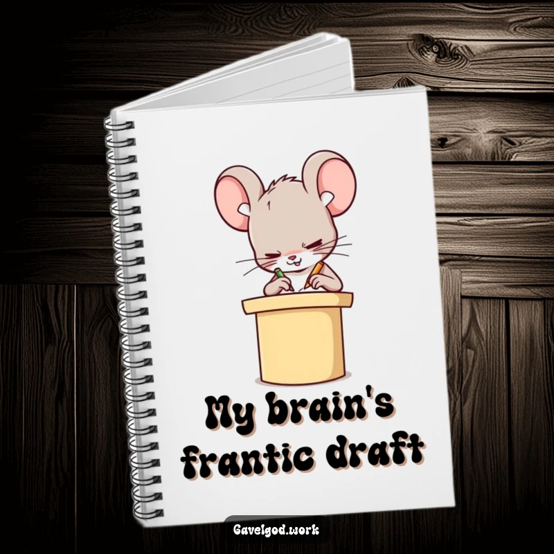 Funny Kawaii mouse character scribbling on a tiny podium, a humorous notebook for capturing brilliant ideas.