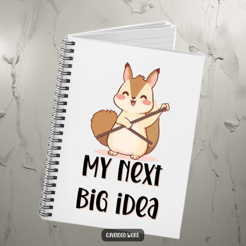 Funny kawaii squirrel notebook with a cute squirrel enthusiastically pointing upwards using a tiny paddle, ideal for note-taking.