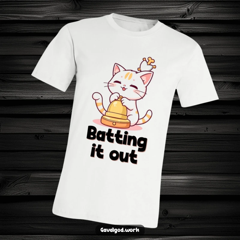 Funny Kawaii cat character playfully batting at a dangling auction bell, a humorous and charming t-shirt.
