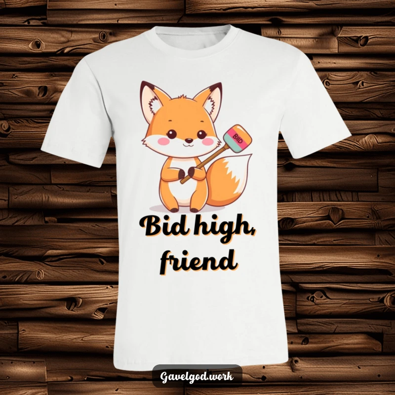 Funny Kawaii Fox T-Shirt: A fox holds a colorful bidding paddle, ready to bid, auction apparel.