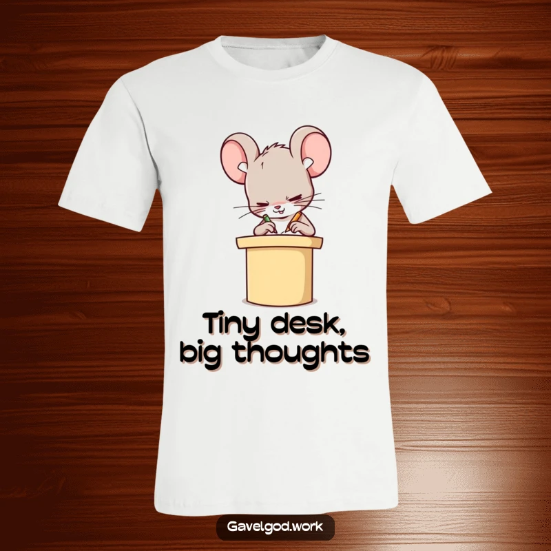 Funny Kawaii mouse character in full scribble mode on a tiny podium, a humorous representation of intense work and dedication.