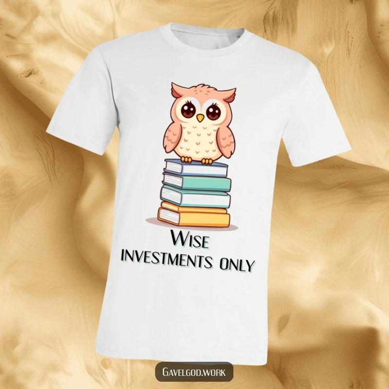 Funny kawaii owl t-shirt featuring a cute owl sitting on a small pile of auction items, looking intelligent.