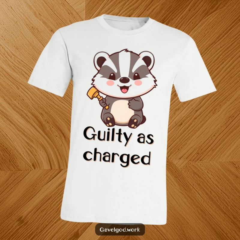 Funny Kawaii Badger T-Shirt: A badger holds a tiny gavel, beaming with pride, legal apparel.
