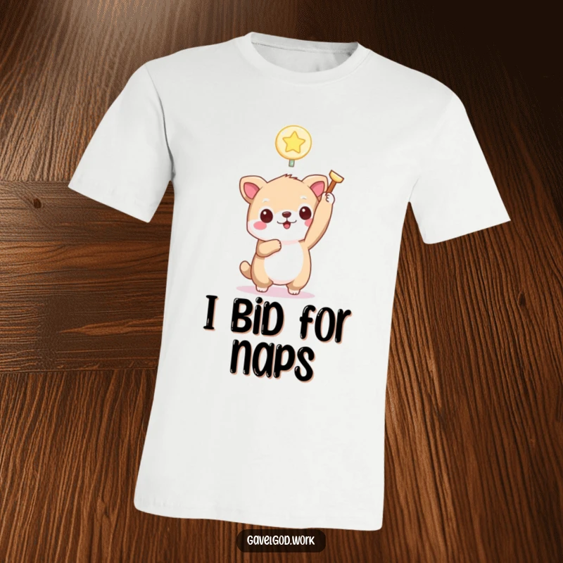 Funny kawaii animal t-shirt showcasing a cute creature holding a tiny, glowing bidding paddle high, perfect for auction enthusiasts.
