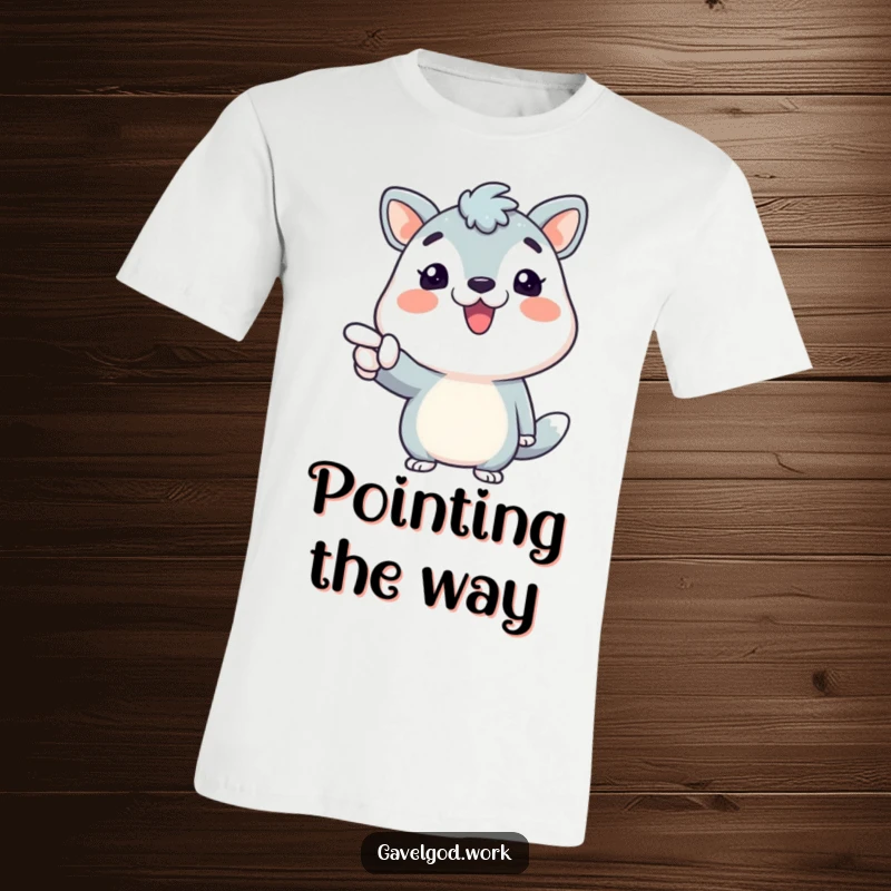 Funny animal character with a wide smile, energetically pointing forward, embodying enthusiasm on a fun and vibrant t-shirt.