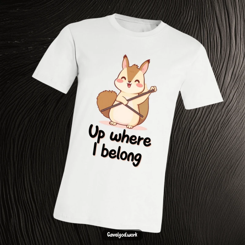Funny kawaii squirrel t-shirt featuring an energetic squirrel enthusiastically pointing upwards with a tiny brown paddle, full of zest.