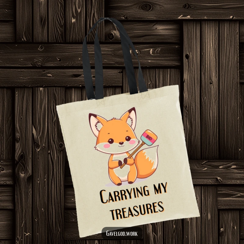 Funny Kawaii Fox Tote Bag: A fox holds a bidding paddle, ready to bid, reusable bag for shoppers.