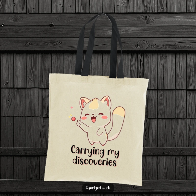 Funny kawaii animal tote bag with an excited creature pointing at an imaginary object, perfect for carrying everyday items with a smile.
