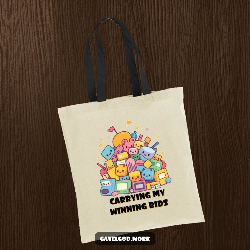 Funny kawaii auction shapes tote bag showcasing a colorful abstract pile of items, perfect for carrying treasures and auction hauls.