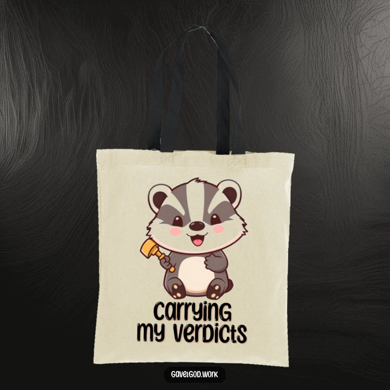 Funny Kawaii Badger Tote Bag: A badger holds a gavel, beaming with pride, reusable bag for lawyers.