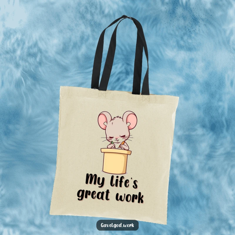 Funny Kawaii mouse character scribbling furiously on a tiny podium, showcasing a humorous dedication to tasks on this durable tote bag.