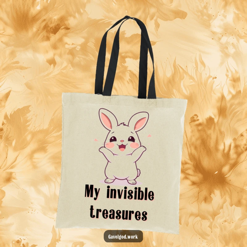 Funny kawaii rabbit tote bag showing a cute rabbit wiggling with pure joy and anticipation for an imaginary treat.